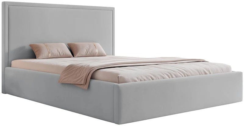 Gepolstertes Bett 160x200 cm Asurro mit Stauraum, Metallrahmen, grauer, wasserabweisender Samt
