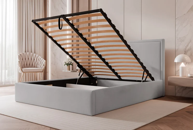 Gepolstertes Bett 160x200 cm Asurro mit Stauraum, Metallrahmen, grauer, wasserabweisender Samt