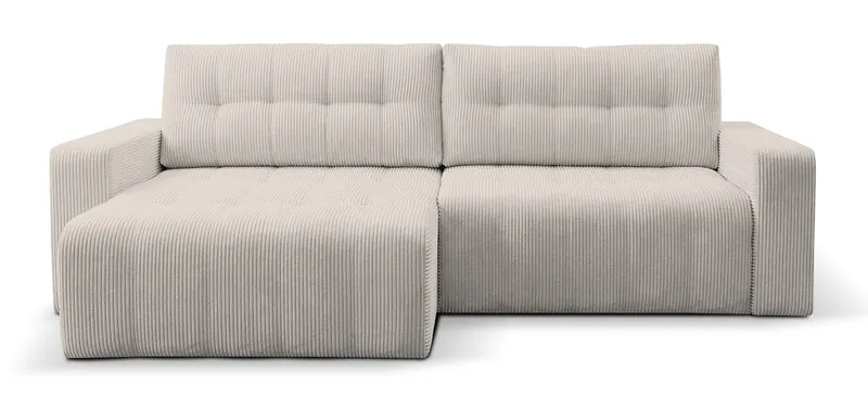 Ecksofa mit Schlaffunktion Maillo, L-förmig, universell, mit Stauraum, hellbeiger Cordstoff