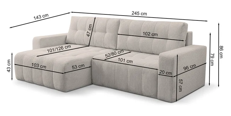 Ecksofa mit Schlaffunktion Maillo, L-förmig, universell, mit Stauraum, hellbeiger Cordstoff