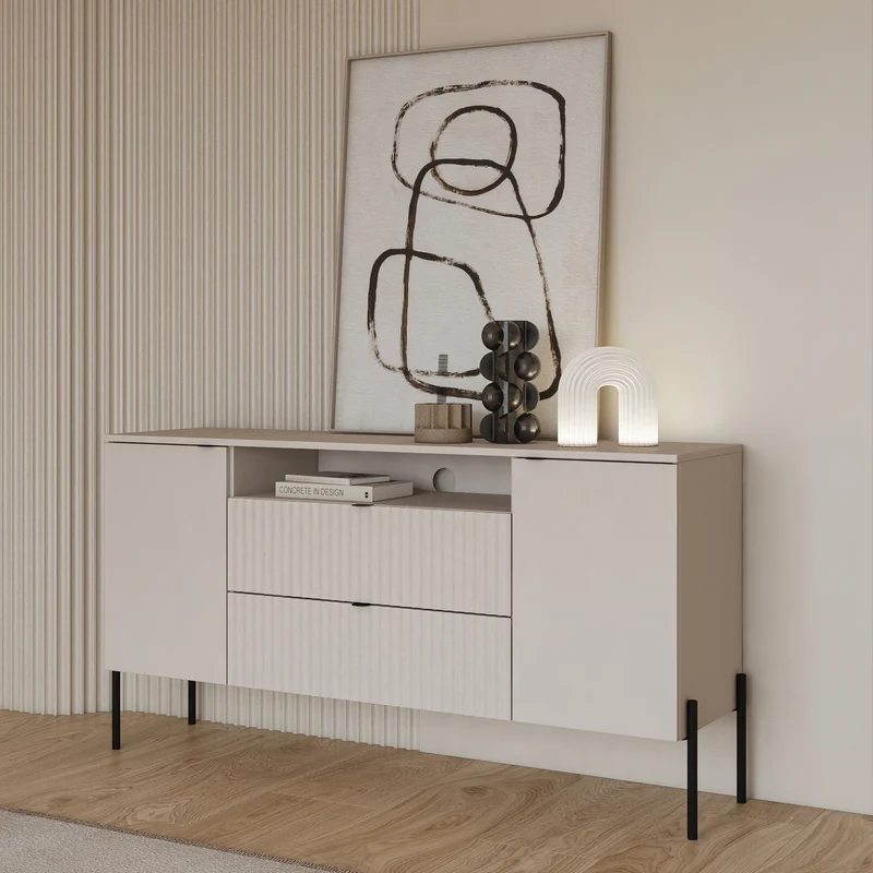 Zweitrüriger Ore-Kommode mit zwei Schubladen, 140 cm, Kaschmirfarben mit geriffelter Front