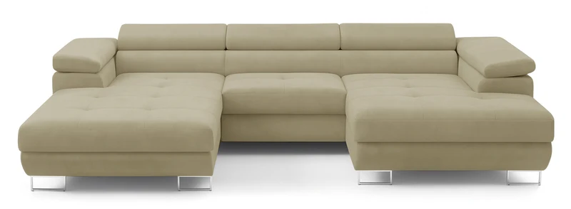 Ecksofa mit Schlaffunktion Nollia, U-förmig, rechtsseitig, mit verstellbaren Kopfstützen und zwei Stauraumfächern, beige Bouclé