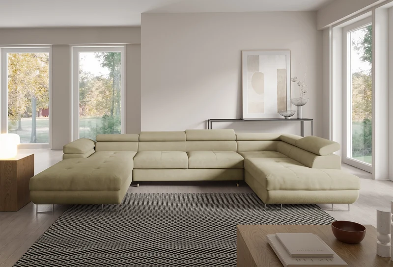 Ecksofa mit Schlaffunktion Nollia, U-förmig, rechtsseitig, mit verstellbaren Kopfstützen und zwei Stauraumfächern, beige Bouclé