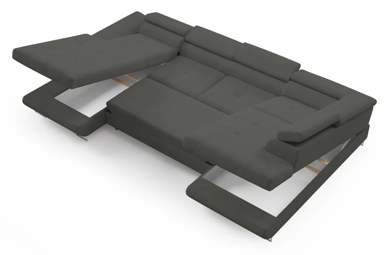 Ecksofa mit Schlaffunktion Nollia, U-förmig, rechtsseitig, mit verstellbaren Kopfstützen und zwei Aufbewahrungsboxen, dunkelgrauer Bouclé-Stoff
