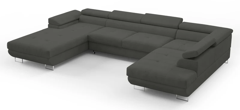 Ecksofa mit Schlaffunktion Nollia, U-förmig, rechtsseitig, mit verstellbaren Kopfstützen und zwei Aufbewahrungsboxen, dunkelgrauer Bouclé-Stoff