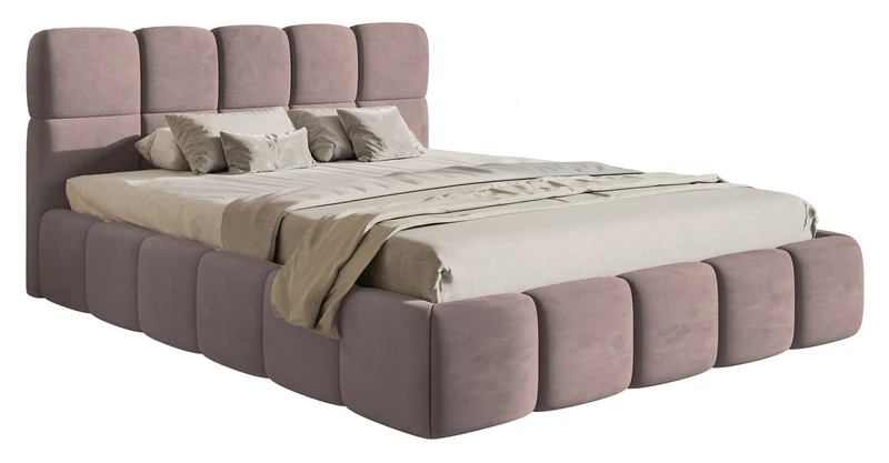 Gepolstertes Bett 120x200 cm Cloudy mit Stauraum, Metallrahmen, hellrosa Velours, wasserabweisend und leicht zu reinigen