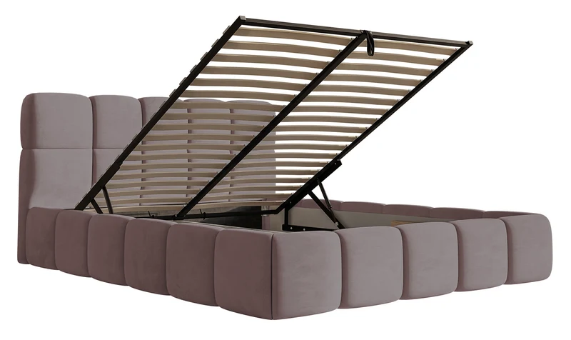 Gepolstertes Bett 120x200 cm Cloudy mit Stauraum, Metallrahmen, hellrosa Velours, wasserabweisend und leicht zu reinigen