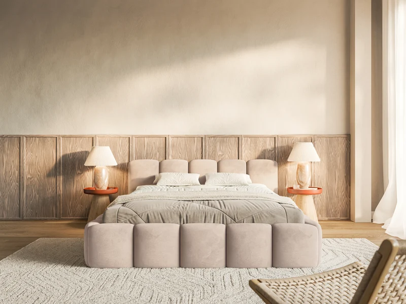 Gepolstertes Bett 120x200 cm Cloudy Low, beige, Velours, wasserabweisend und pflegeleicht