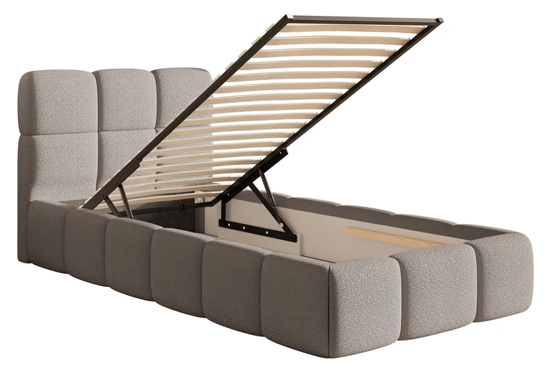 Gepolstertes Bett 90x200 cm Cloudy mit Stauraum, Metallrahmen, hellgrauer Bouclé-Stoff
