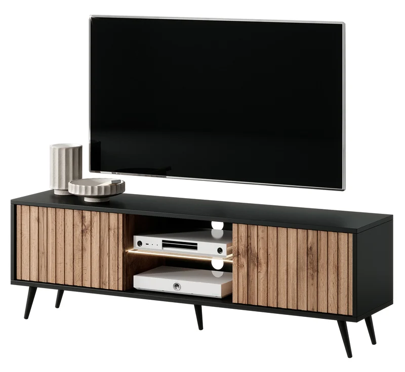 TV-Schrank Bello mit Lamellenfronten 135 cm schwarz/Wotaneiche mit LED