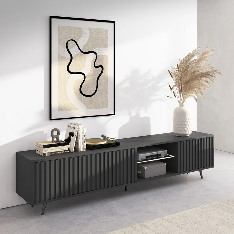 TV-Schrank Bello mit Lamellenfronten, 175 cm, schwarz, mit LED und schwarzen Beinen