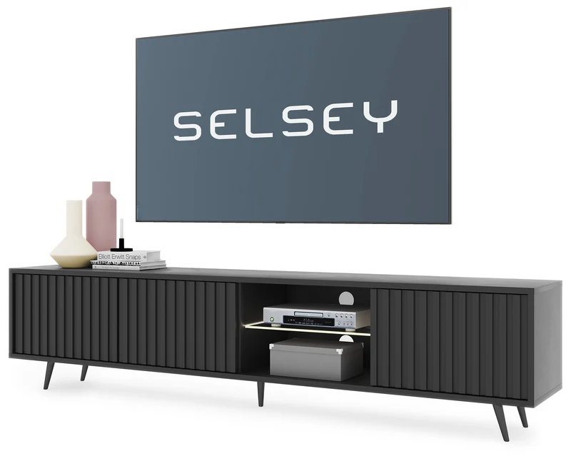 TV-Schrank Bello mit Lamellenfronten, 175 cm, schwarz, mit LED und schwarzen Beinen