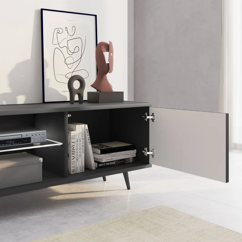TV-Schrank Bello mit Lamellenfronten, 175 cm, schwarz, mit LED und schwarzen Beinen