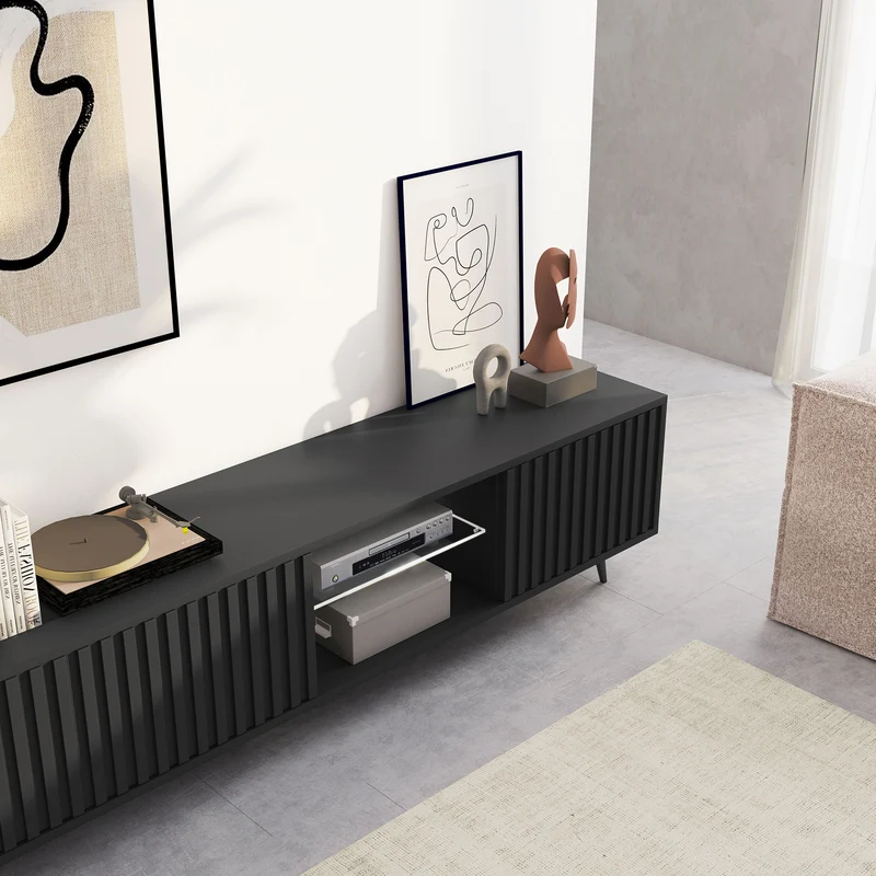 TV-Schrank Bello mit Lamellenfronten, 175 cm, schwarz, mit LED und schwarzen Beinen
