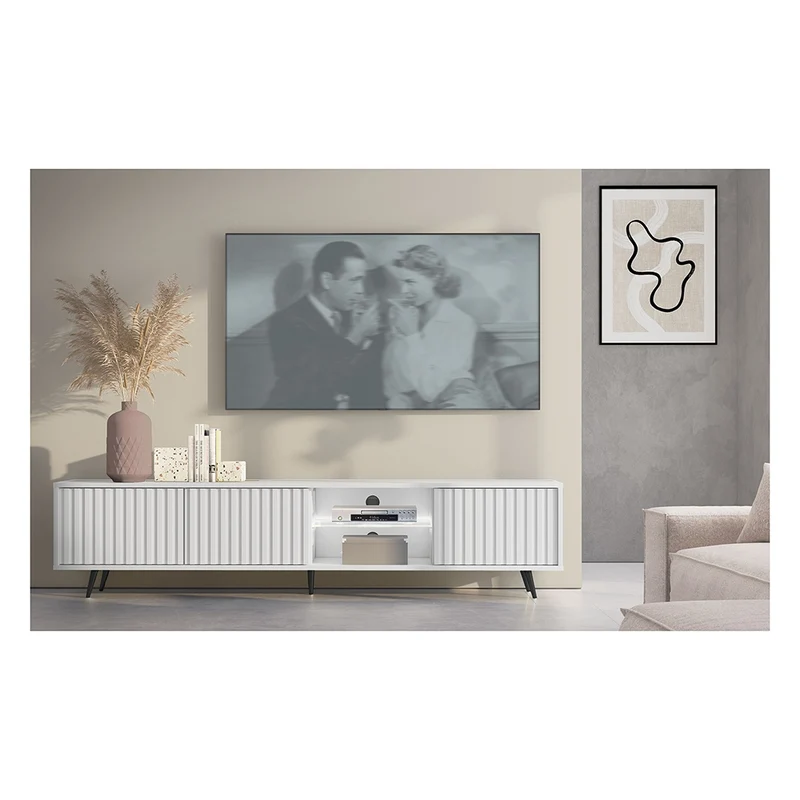TV-Schrank Bello mit Lamellenfronten, 175 cm, weiß, mit LED und schwarzen Beinen