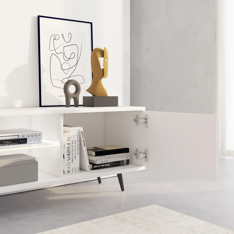 TV-Schrank Bello mit Lamellenfronten, 175 cm, weiß, mit LED und schwarzen Beinen