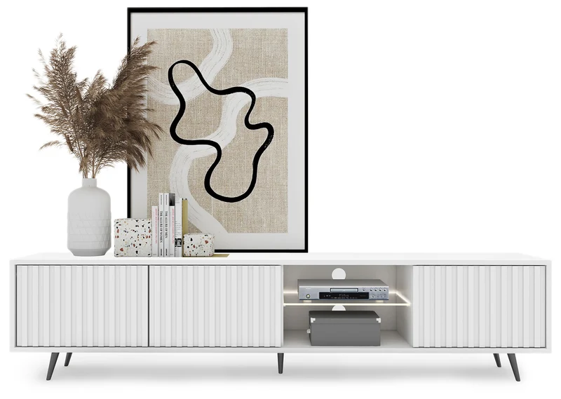TV-Schrank Bello mit Lamellenfronten, 175 cm, weiß, mit LED und schwarzen Beinen