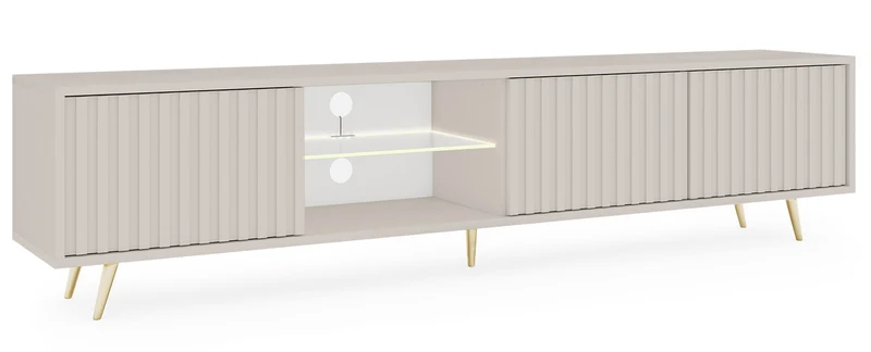 Drehtüriger TV-Schrank Bello mit Lamellenfronten und einer Glasablage mit LED-Beleuchtung, 175 cm, Kaschmir auf goldenen Beinen