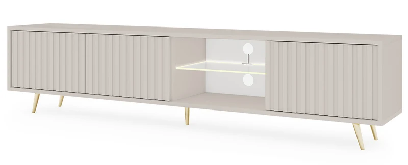 Drehtüriger TV-Schrank Bello mit Lamellenfronten und einer Glasablage mit LED-Beleuchtung, 175 cm, Kaschmir auf goldenen Beinen