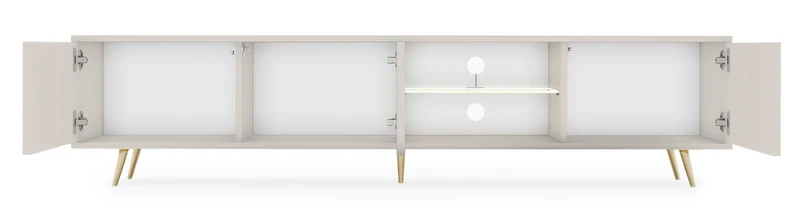 Drehtüriger TV-Schrank Bello mit Lamellenfronten und einer Glasablage mit LED-Beleuchtung, 175 cm, Kaschmir auf goldenen Beinen