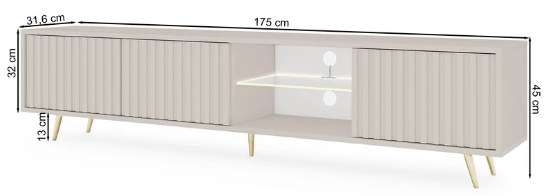 Drehtüriger TV-Schrank Bello mit Lamellenfronten und einer Glasablage mit LED-Beleuchtung, 175 cm, Kaschmir auf goldenen Beinen