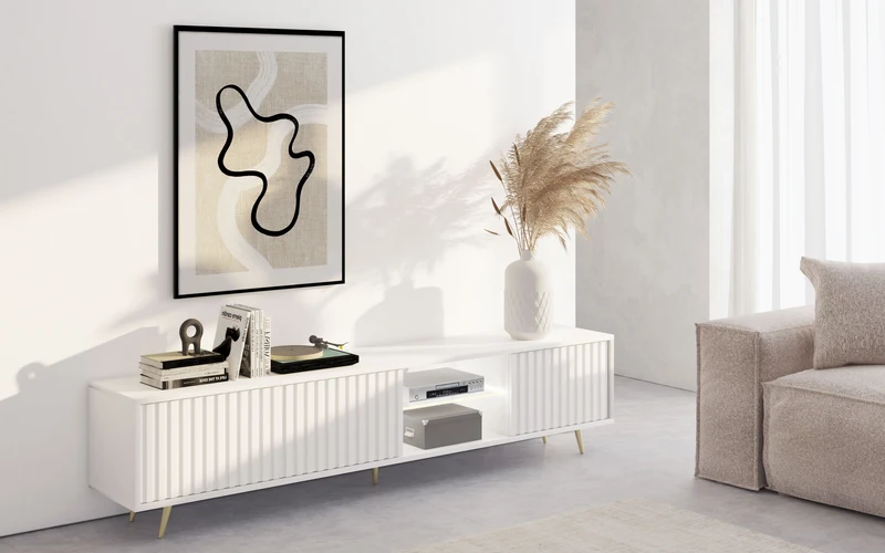 TV-Schrank Bello mit Lamellenfronten, 175 cm, weiß mit LED und goldenen Beinen