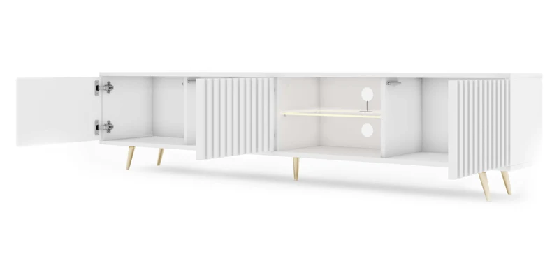 TV-Schrank Bello mit Lamellenfronten, 175 cm, weiß mit LED und goldenen Beinen