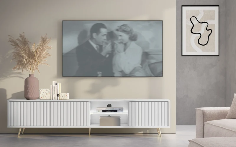 TV-Schrank Bello mit Lamellenfronten, 175 cm, weiß mit LED und goldenen Beinen