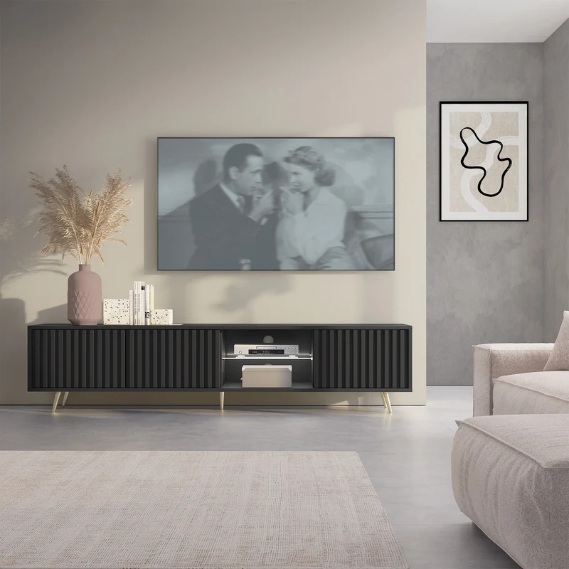 TV-Schrank Bello mit Lamellenfronten, 175 cm, schwarz, mit LED und goldenen Beinen
