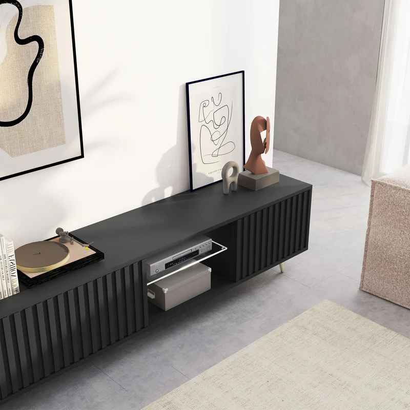 TV-Schrank Bello mit Lamellenfronten, 175 cm, schwarz, mit LED und goldenen Beinen