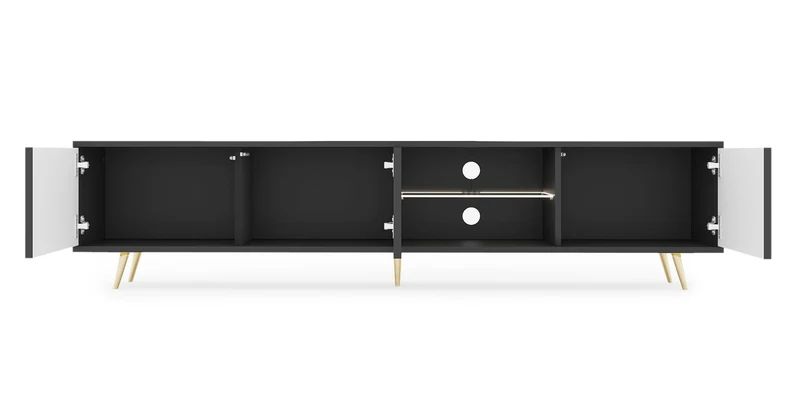 TV-Schrank Bello mit Lamellenfronten, 175 cm, schwarz, mit LED und goldenen Beinen