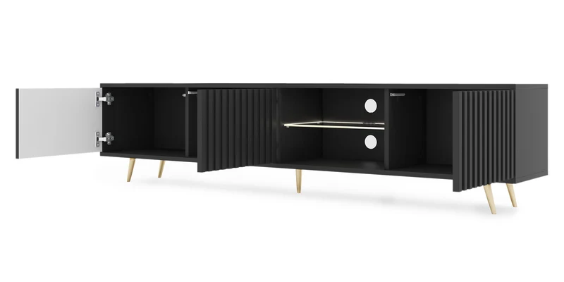 TV-Schrank Bello mit Lamellenfronten, 175 cm, schwarz, mit LED und goldenen Beinen