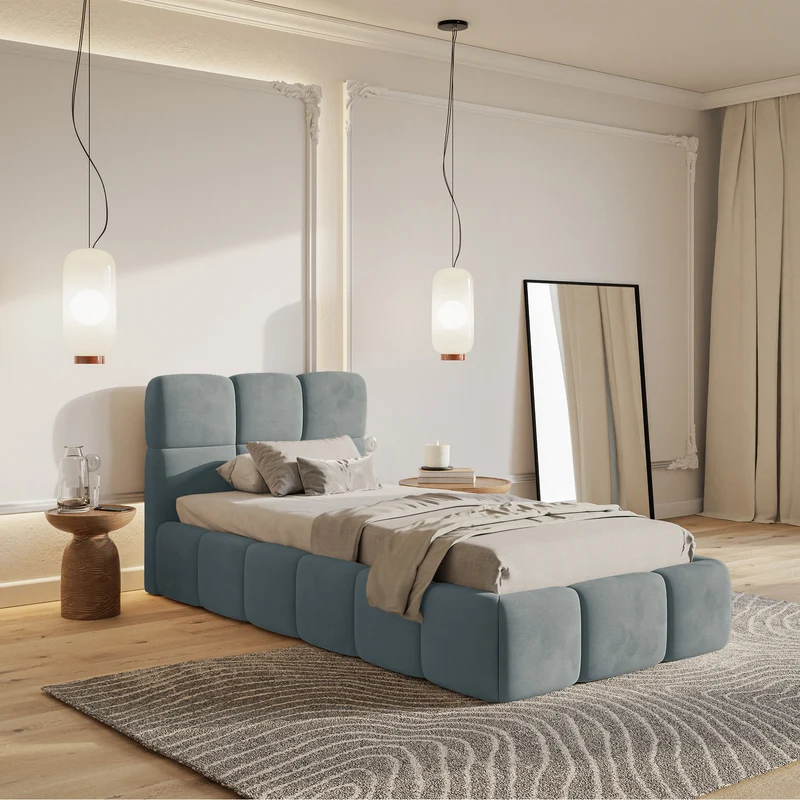 Gepolstertes Bett 90x200 cm Cloudy, grau, wasserabweisender und leicht zu reinigender Veloursstoff
