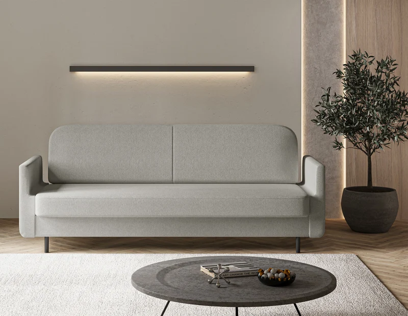 Dreisitziges ausklappbares Sofa Ovelio in hellgrauem, hydrophobem Chenille-Stoff