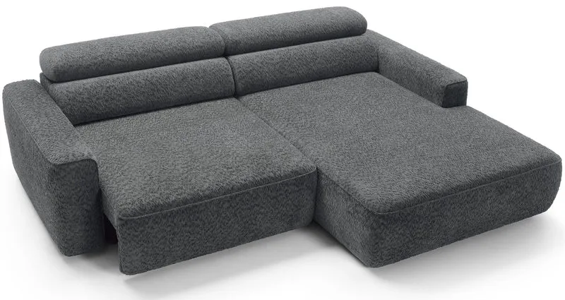 Ecksofa Fando mit elektrisch ausziehbarer Sitzfläche, L-förmig, rechtsseitig, dunkelgrauer Chenille-Stoff