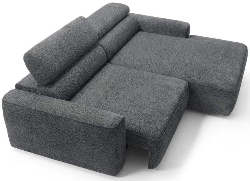 Ecksofa Fando mit elektrisch ausziehbarer Sitzfläche, L-förmig, rechtsseitig, dunkelgrauer Chenille-Stoff