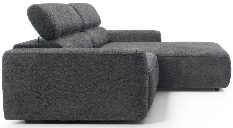 Ecksofa Fando mit elektrisch ausziehbarer Sitzfläche, L-förmig, rechtsseitig, dunkelgrauer Chenille-Stoff
