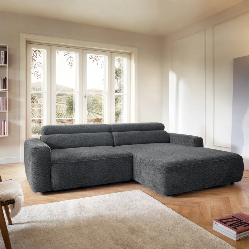 Ecksofa Fando mit elektrisch ausziehbarer Sitzfläche, L-förmig, rechtsseitig, dunkelgrauer Chenille-Stoff
