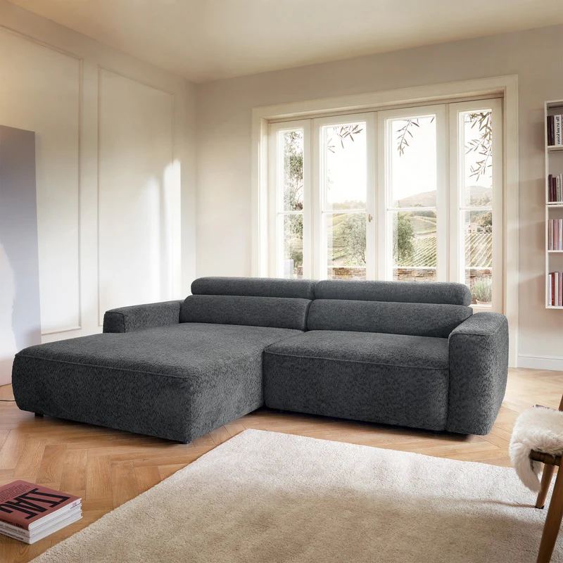 Ecksofa Fando mit elektrisch ausziehbarem Sitz, L-förmig, linke Seite, dunkelgrauer Chenille-Bezug