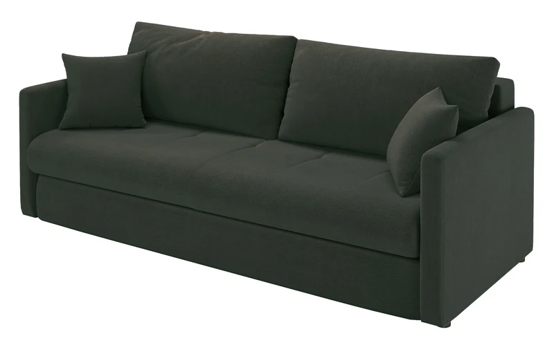 Dreisitziges ausklappbares Sofa Lorro mit Stauraum, dunkelgrüner Chenille-Bezug