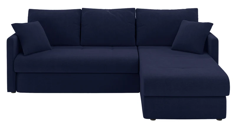 Ecksofa mit Schlafunktion Lorro, L-förmig, universell, mit zwei Stauraumfächern, marineblauer Chenillestoff