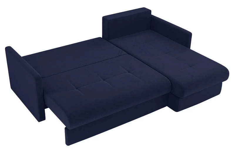 Ecksofa mit Schlafunktion Lorro, L-förmig, universell, mit zwei Stauraumfächern, marineblauer Chenillestoff