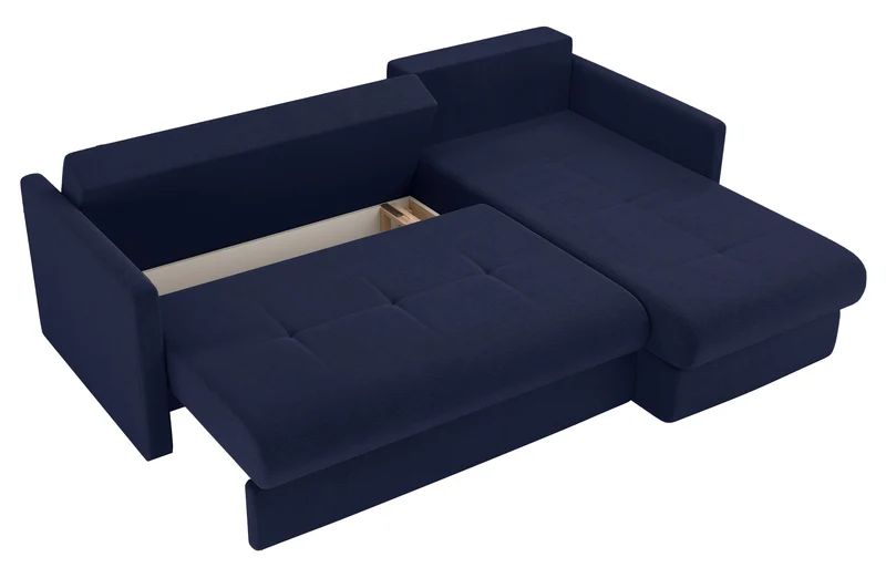 Ecksofa mit Schlafunktion Lorro, L-förmig, universell, mit zwei Stauraumfächern, marineblauer Chenillestoff