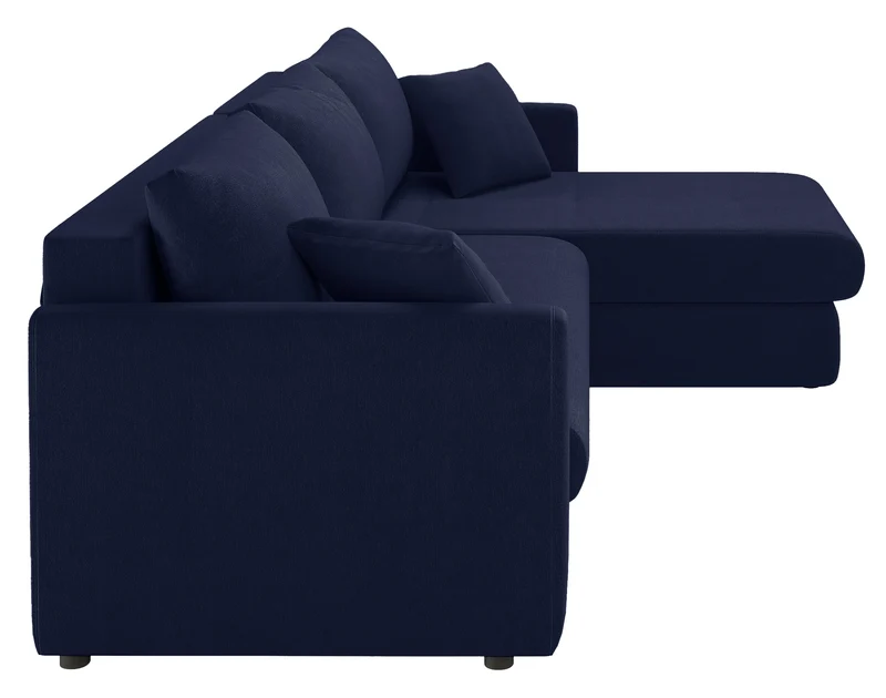 Ecksofa mit Schlafunktion Lorro, L-förmig, universell, mit zwei Stauraumfächern, marineblauer Chenillestoff
