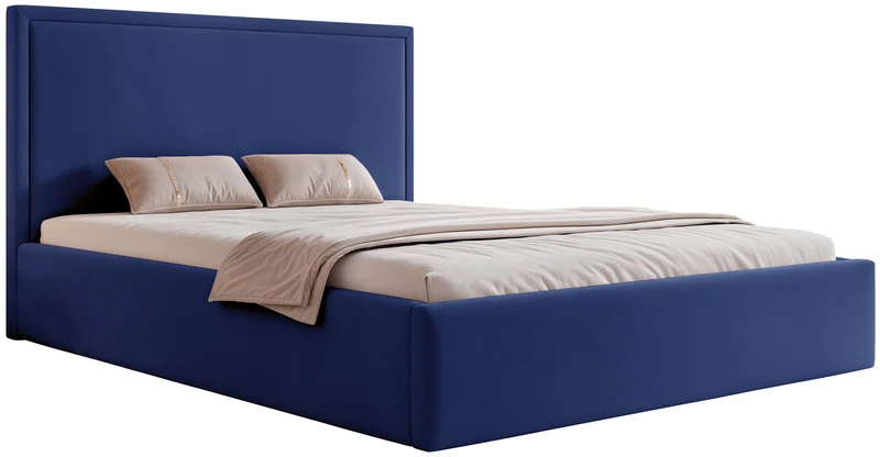 Polsterbett 180x200 cm Asurro mit Stauraum, Metallrahmen, blauer, wasserabweisender Samt
