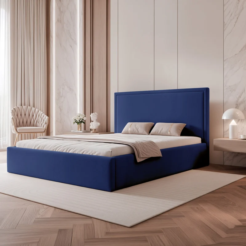 Polsterbett 180x200 cm Asurro mit Stauraum, Metallrahmen, blauer, wasserabweisender Samt