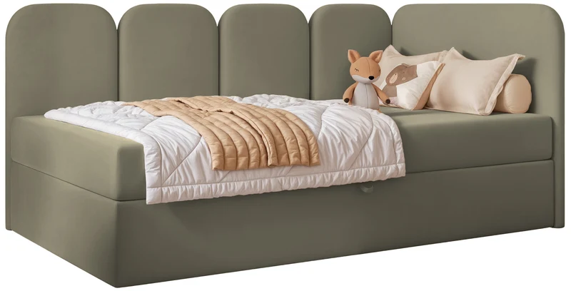 Jugendbett 90x200 cm Nubini rechtsseitig mit Stauraum, salbeigrüner Velours, wasserabweisend