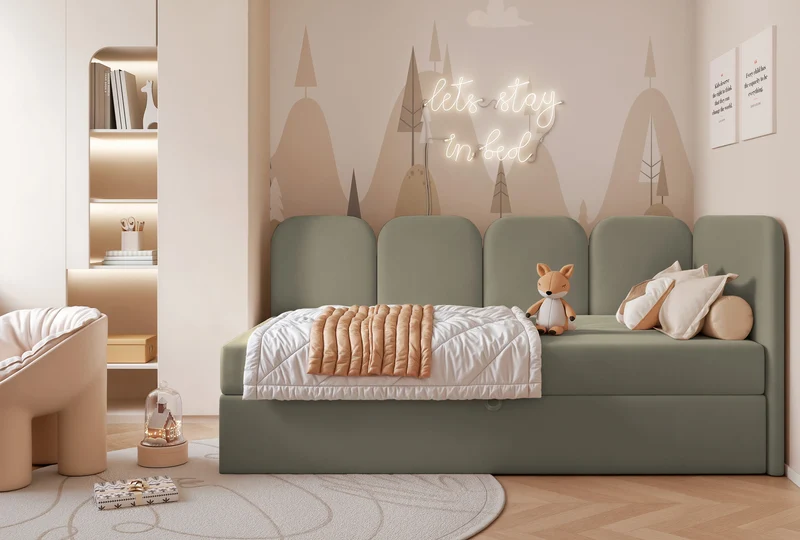 Jugendbett 90x200 cm Nubini rechtsseitig mit Stauraum, salbeigrüner Velours, wasserabweisend