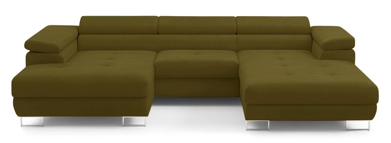 Ecksofa mit Schlaffunktion Nollia, U-förmig, linksseitig, mit verstellbaren Kopfstützen und zwei Stauraumfächern, olivfarbenes Bouclé