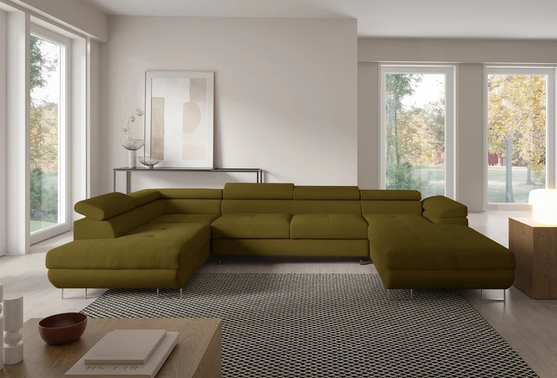 Ecksofa mit Schlaffunktion Nollia, U-förmig, linksseitig, mit verstellbaren Kopfstützen und zwei Stauraumfächern, olivfarbenes Bouclé